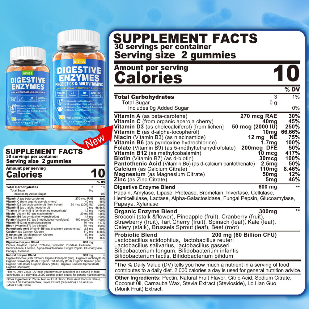 Ingredients panel showing enzymes, probiotics, vitamins