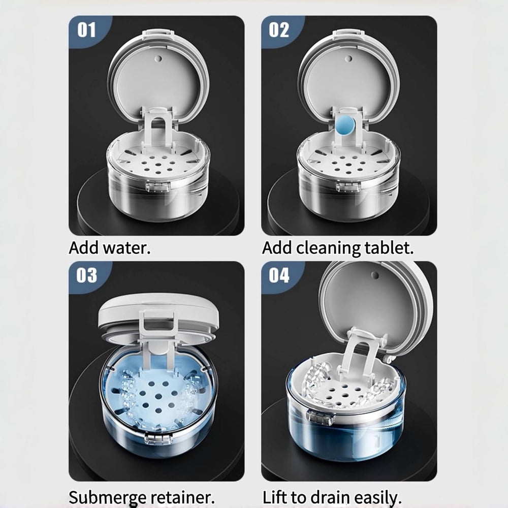 Magnetic closure lid on denture cleaning case