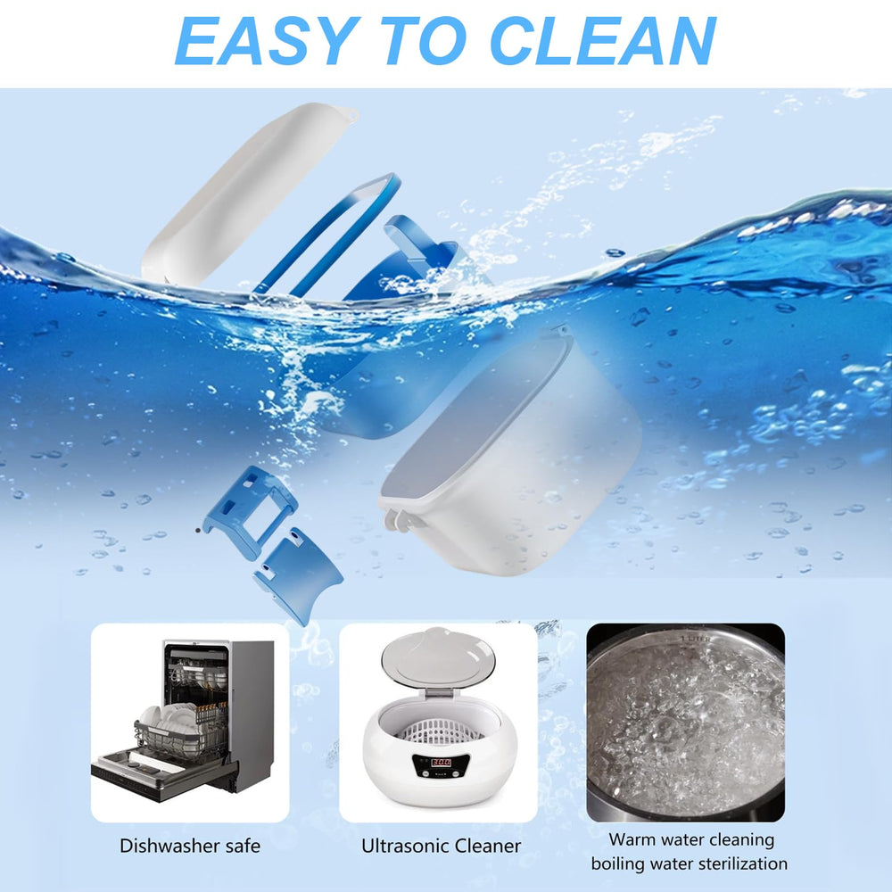 Open denture cleaning case revealing interior