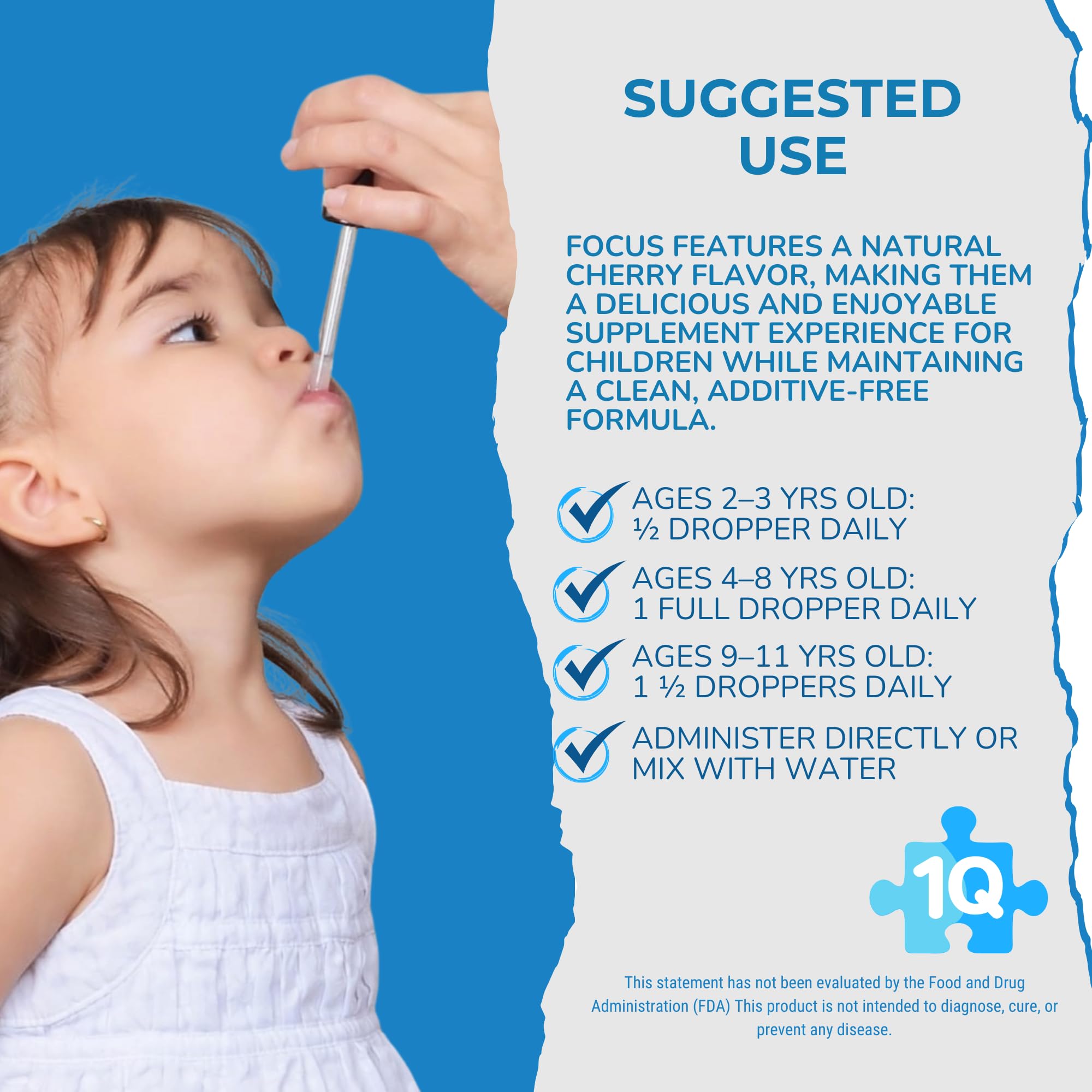 Label showing sugar-free, vegan, gluten-free features on 1Q Focus