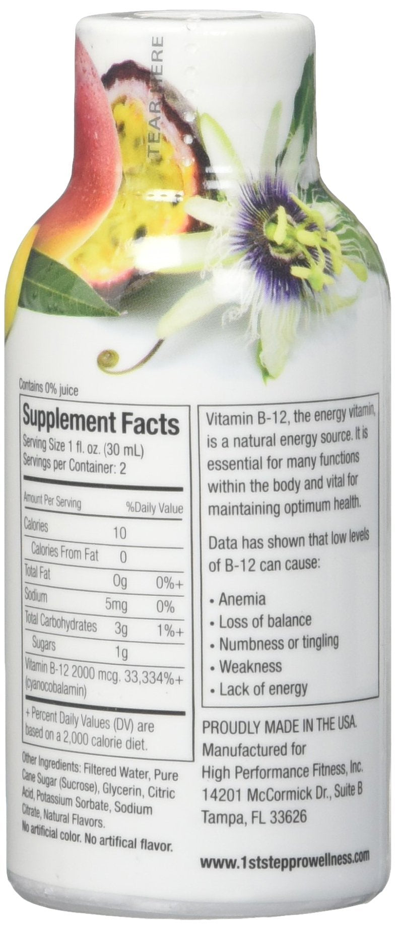 Close up of Vitamin B-12 shot label showing energy information