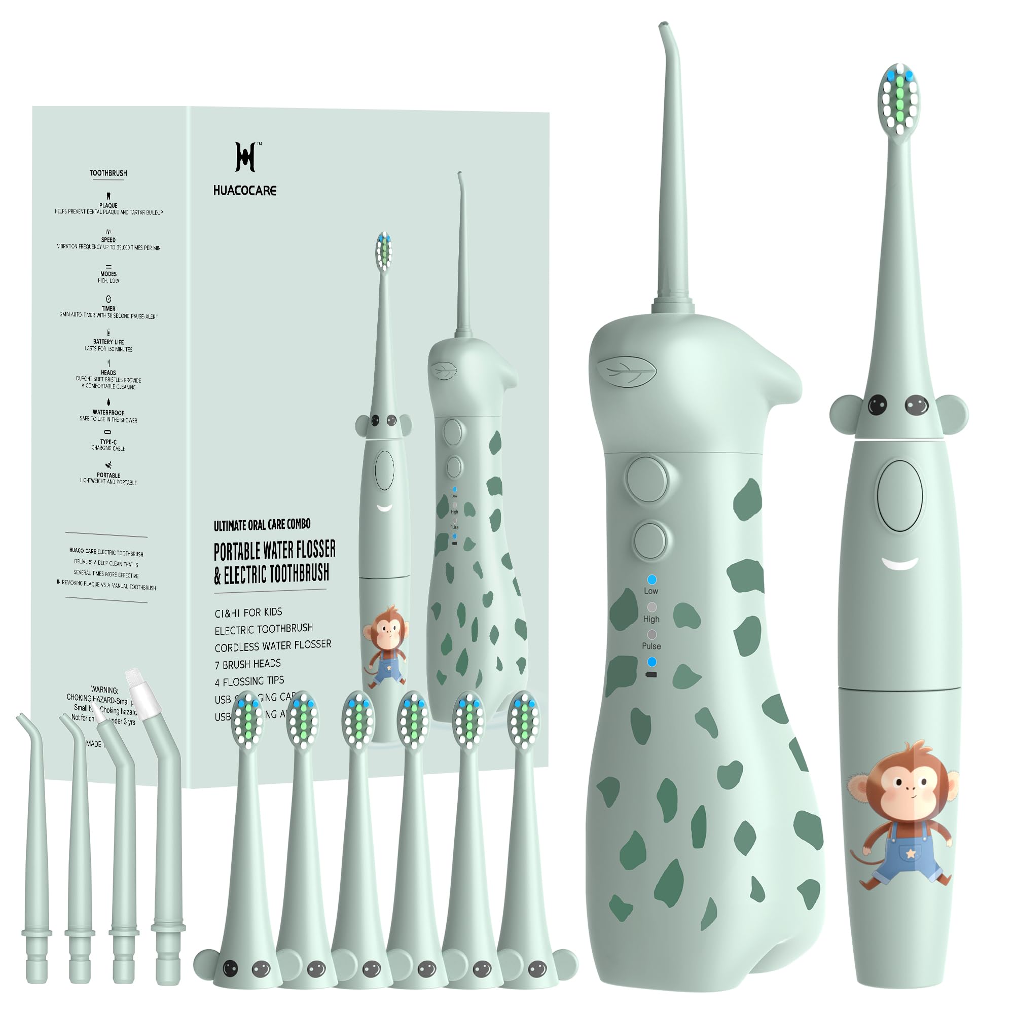 2-1 Kids Oral Clean Kit: water flosser and electric toothbrush in a giraffe/monkey themed design