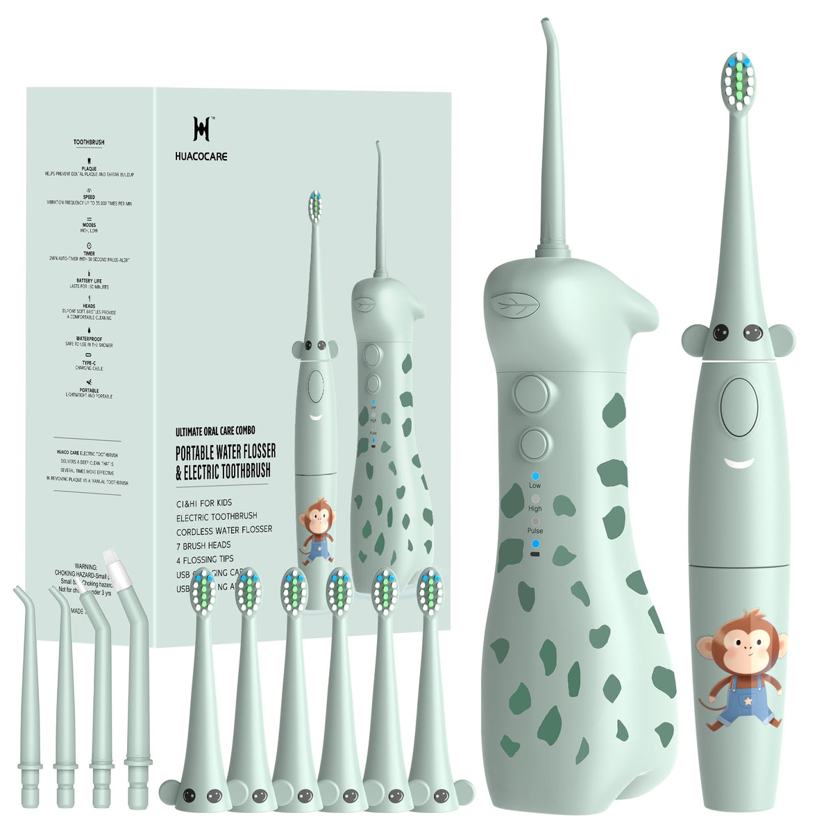 2-1 Kids Oral Clean Kit: water flosser and electric toothbrush in a giraffe/monkey themed design