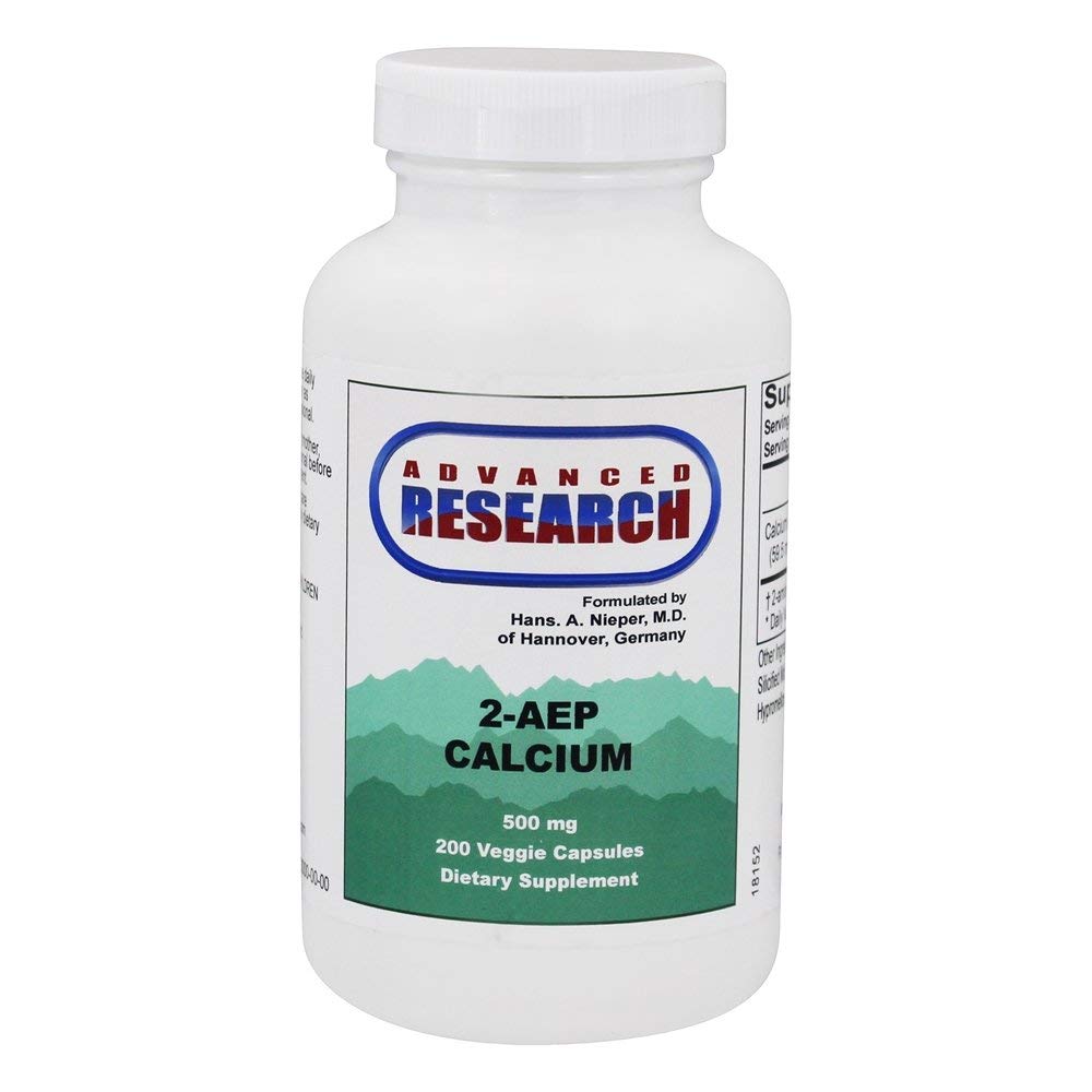 Bottle of 2-AEP Calcium 200 Veg Caps with Advanced Research branding