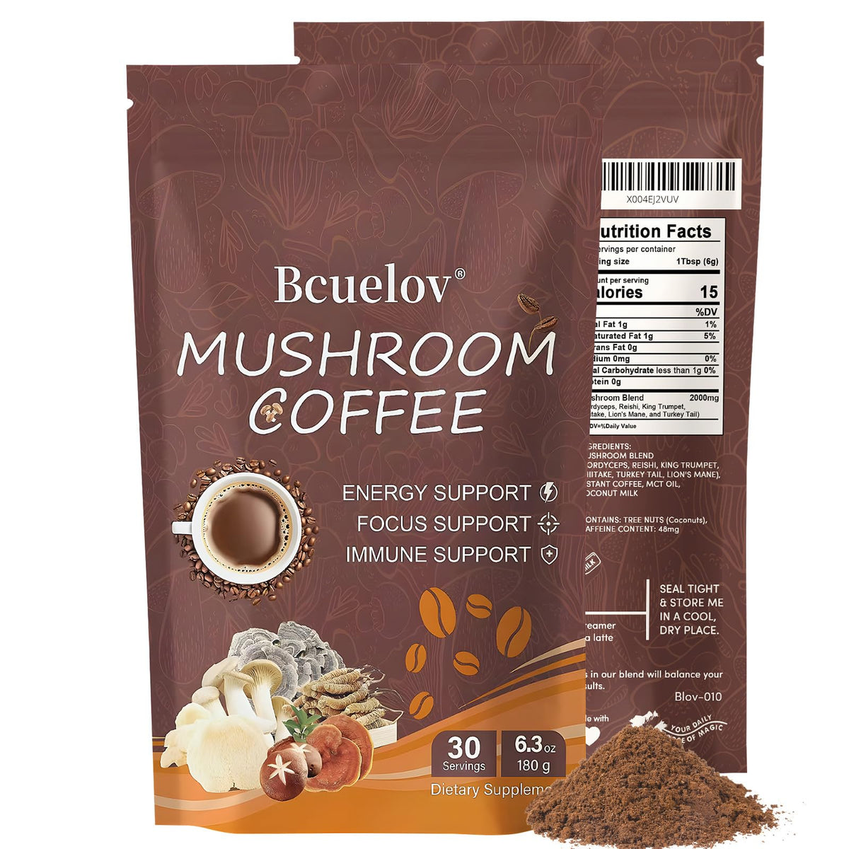 Two bags of mushroom coffee with a cup of brewed coffee on a wooden surface