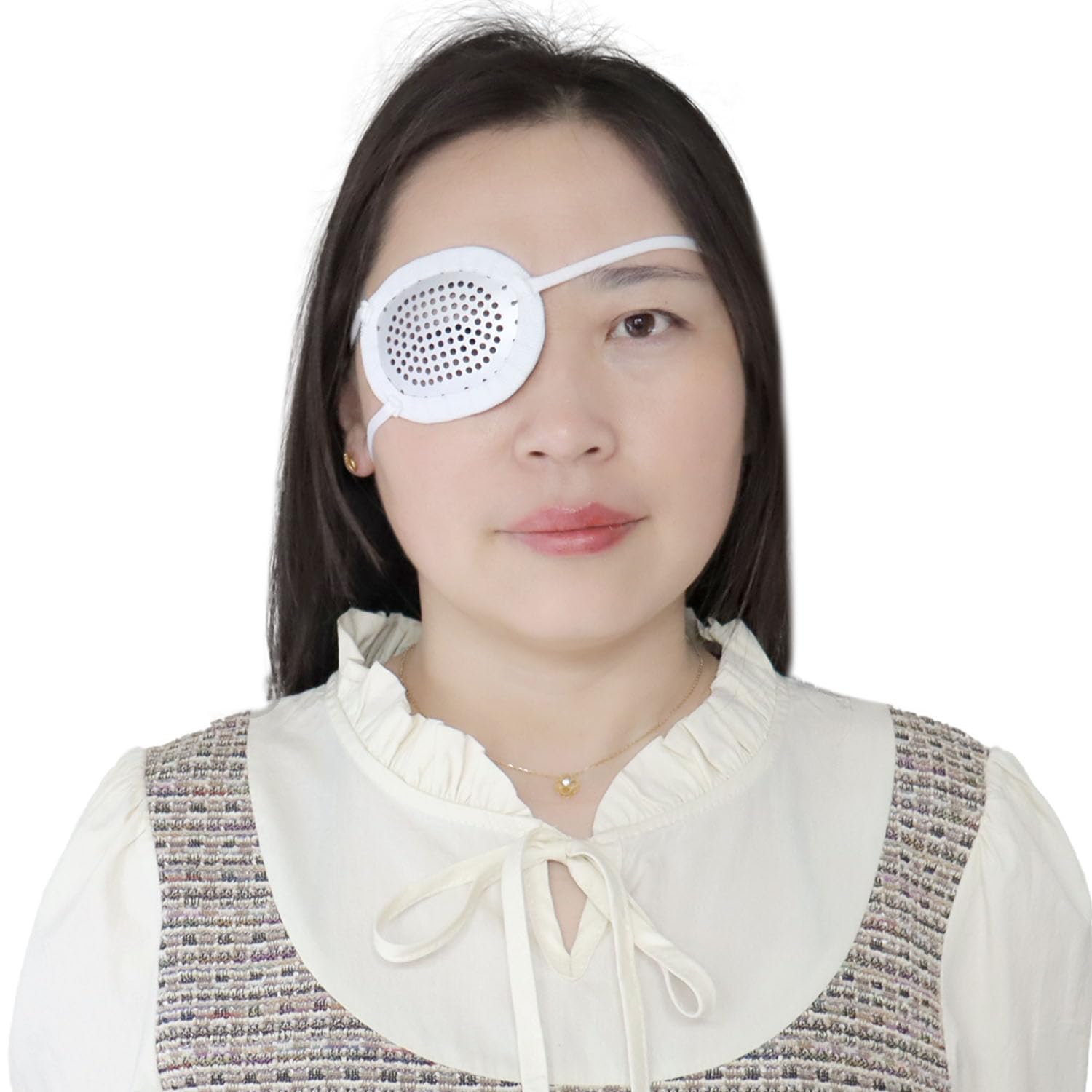 Two-pack aluminum eye shield convex patch with head strap, side view