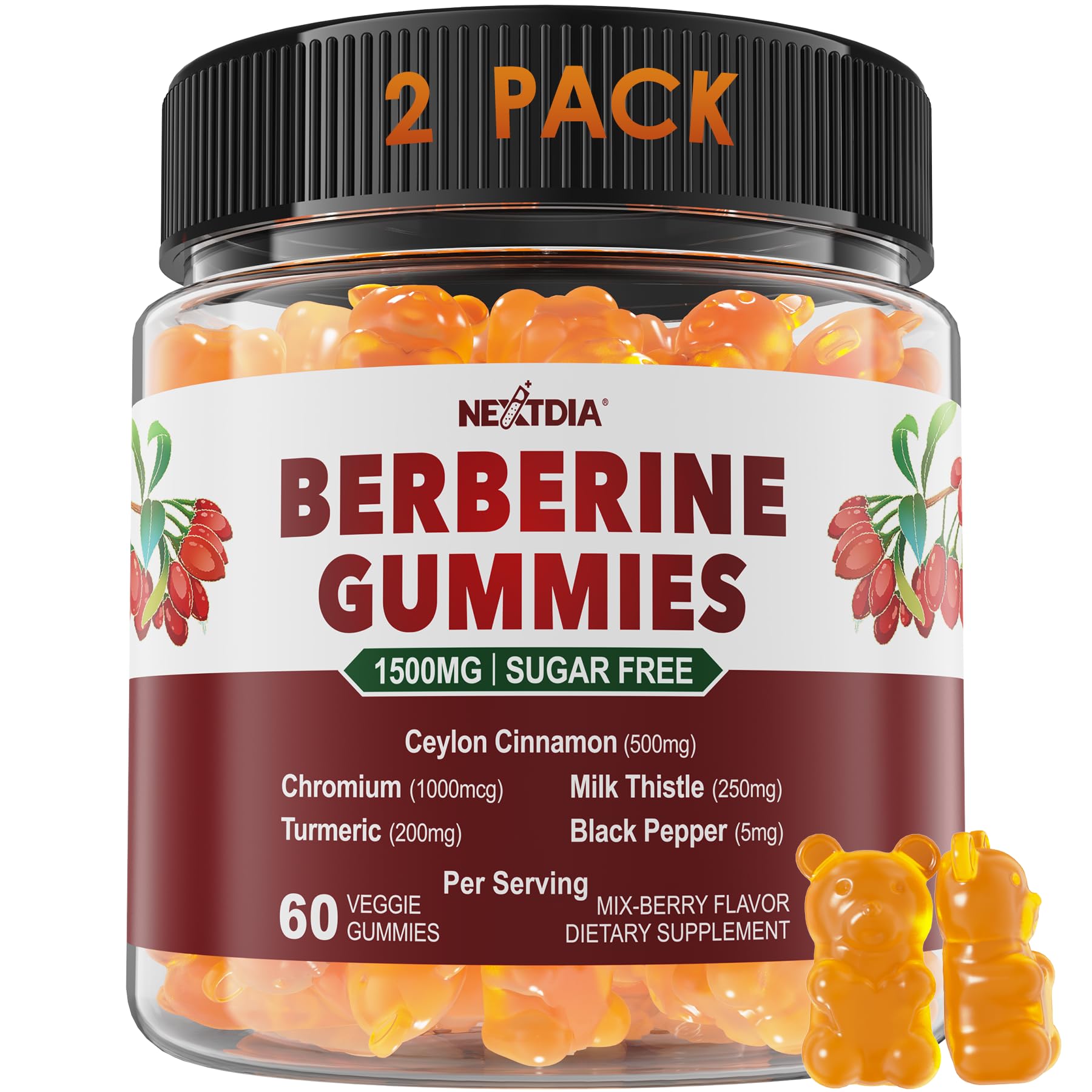 Front view of 2-pack Berberine Gummies 1500mg Sugar Free