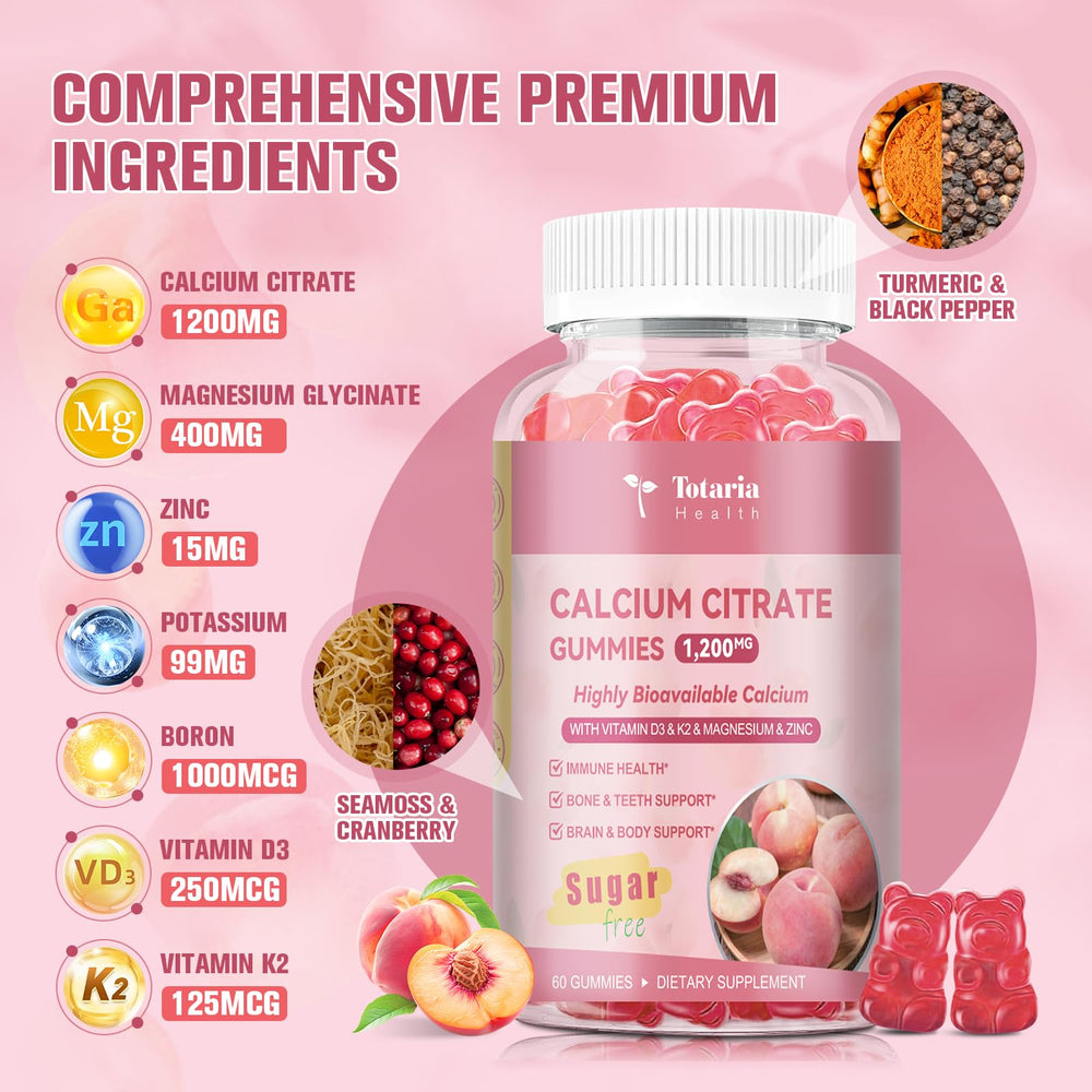 Back label showing dosage and ingredients for Calcium Citrate Gummies