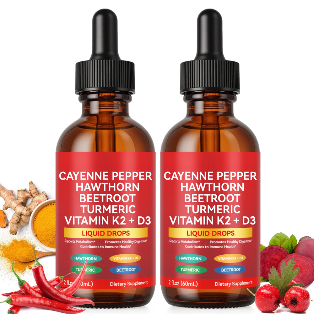 Bottle of 2-pack cayenne pepper drops with hawthorn berry and turmeric ingredients