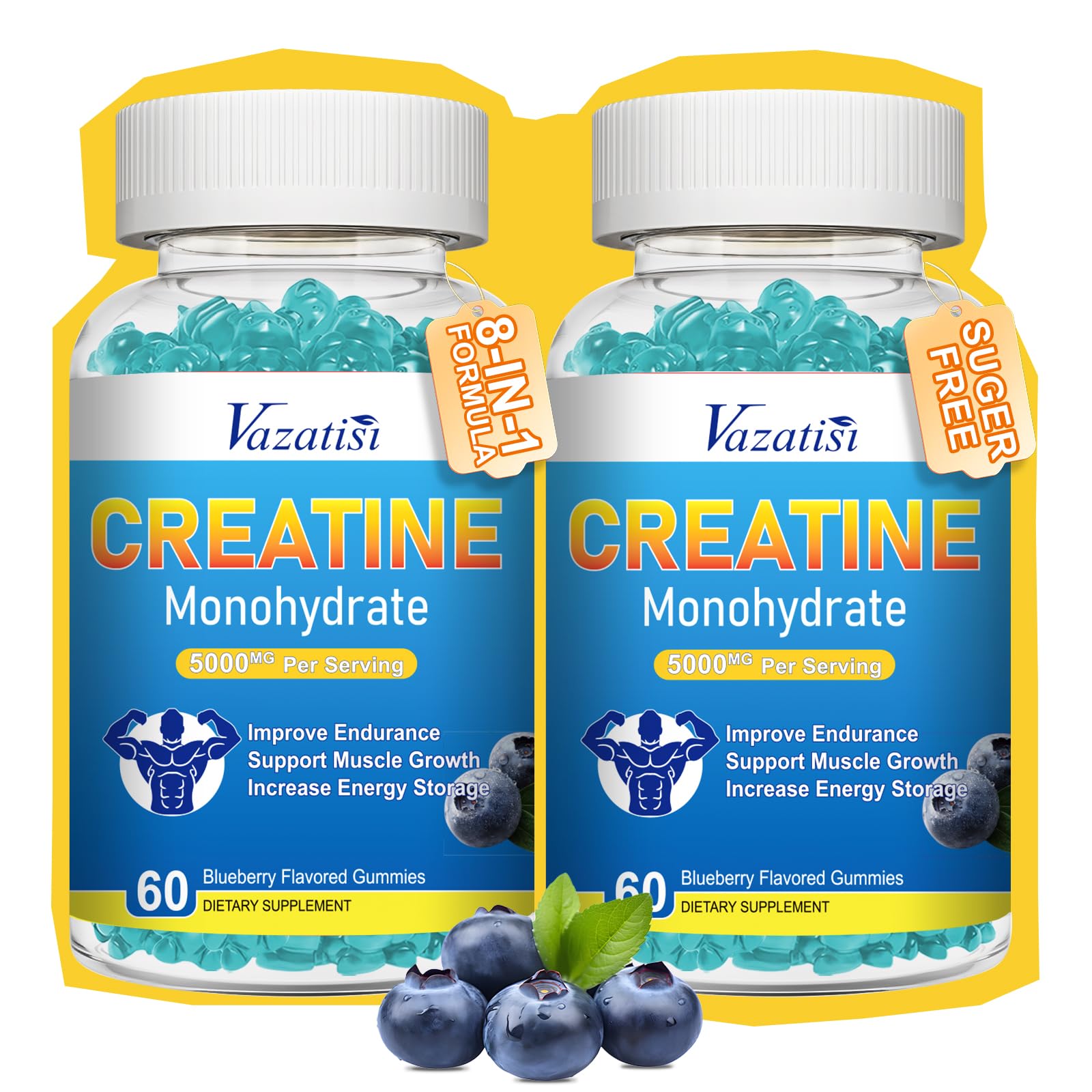 Two-pack of blueberry flavor creatine monohydrate gummies in a bottle
