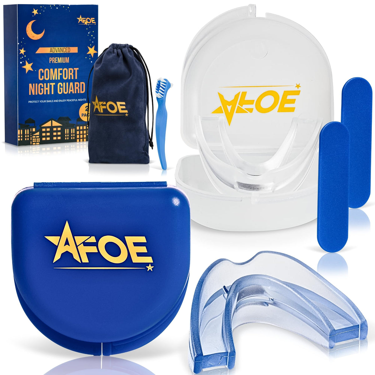 Two-pack dual-mold bruxism night guards in clear and blue for upper and lower arches