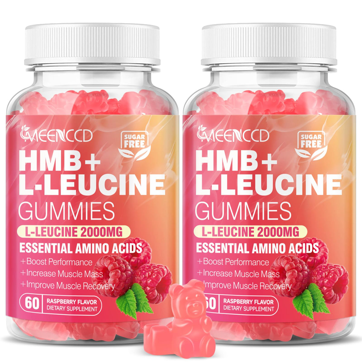 Two-pack HMB and L-Leucine gummies Raspberry flavor bottle front