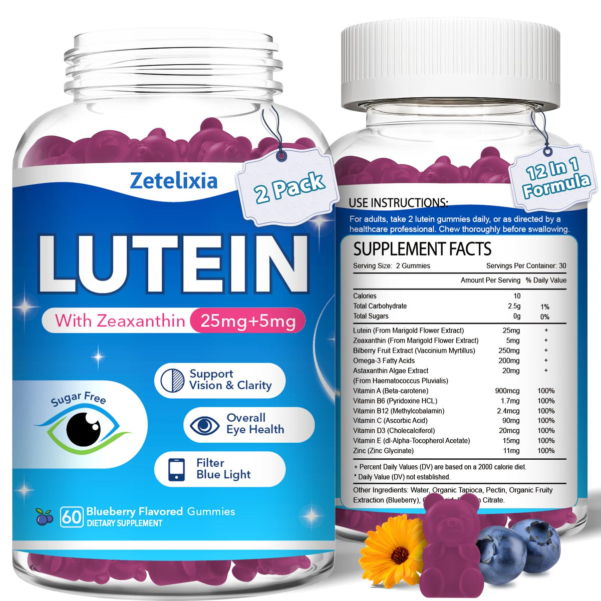 Front of two-pack lutein gummies bottle