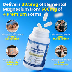 Close-up of magnesium capsules showing 500 mg per serving