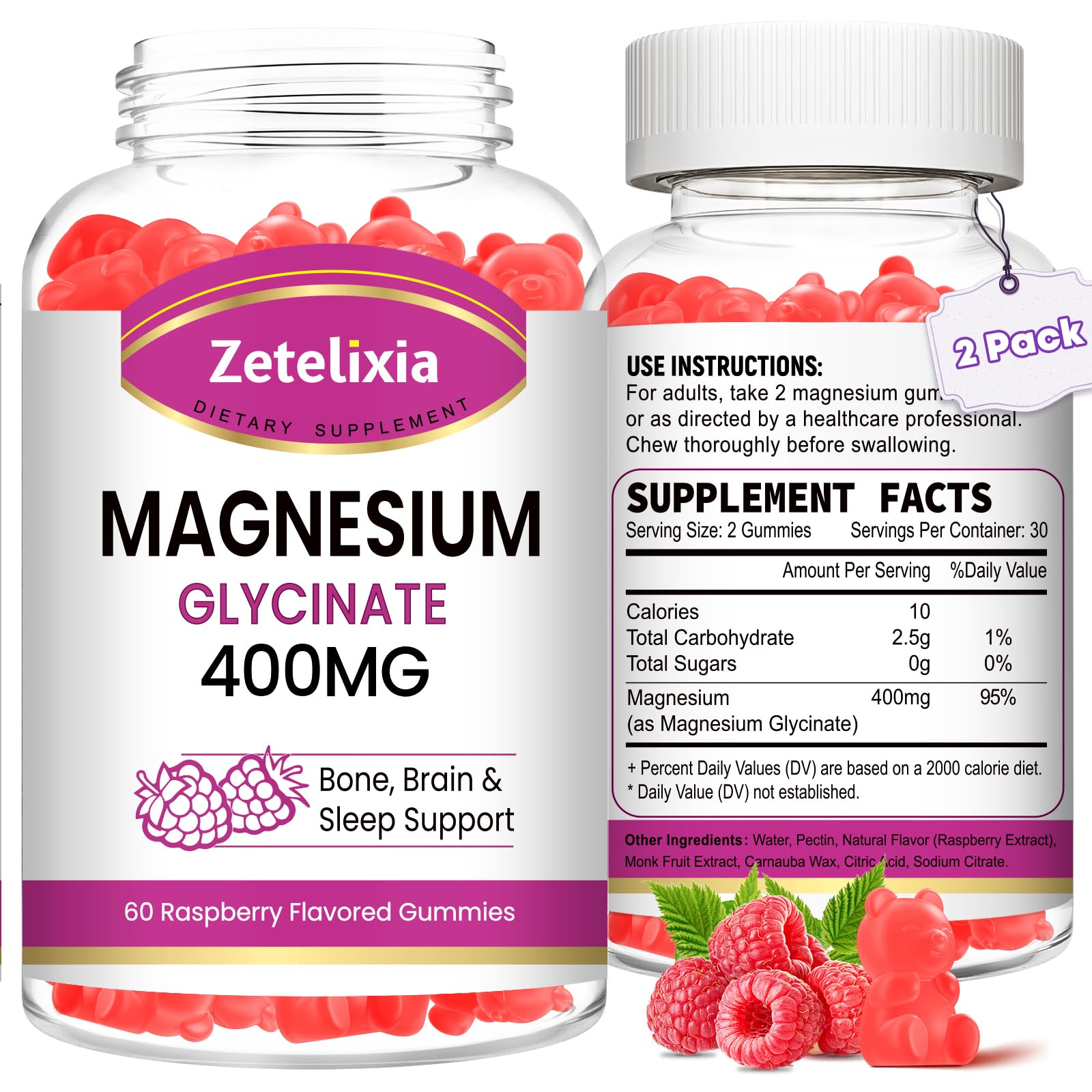 Front view of the two-pack Magnesium Glycinate Gummies Raspberry flavor 120-count bottle