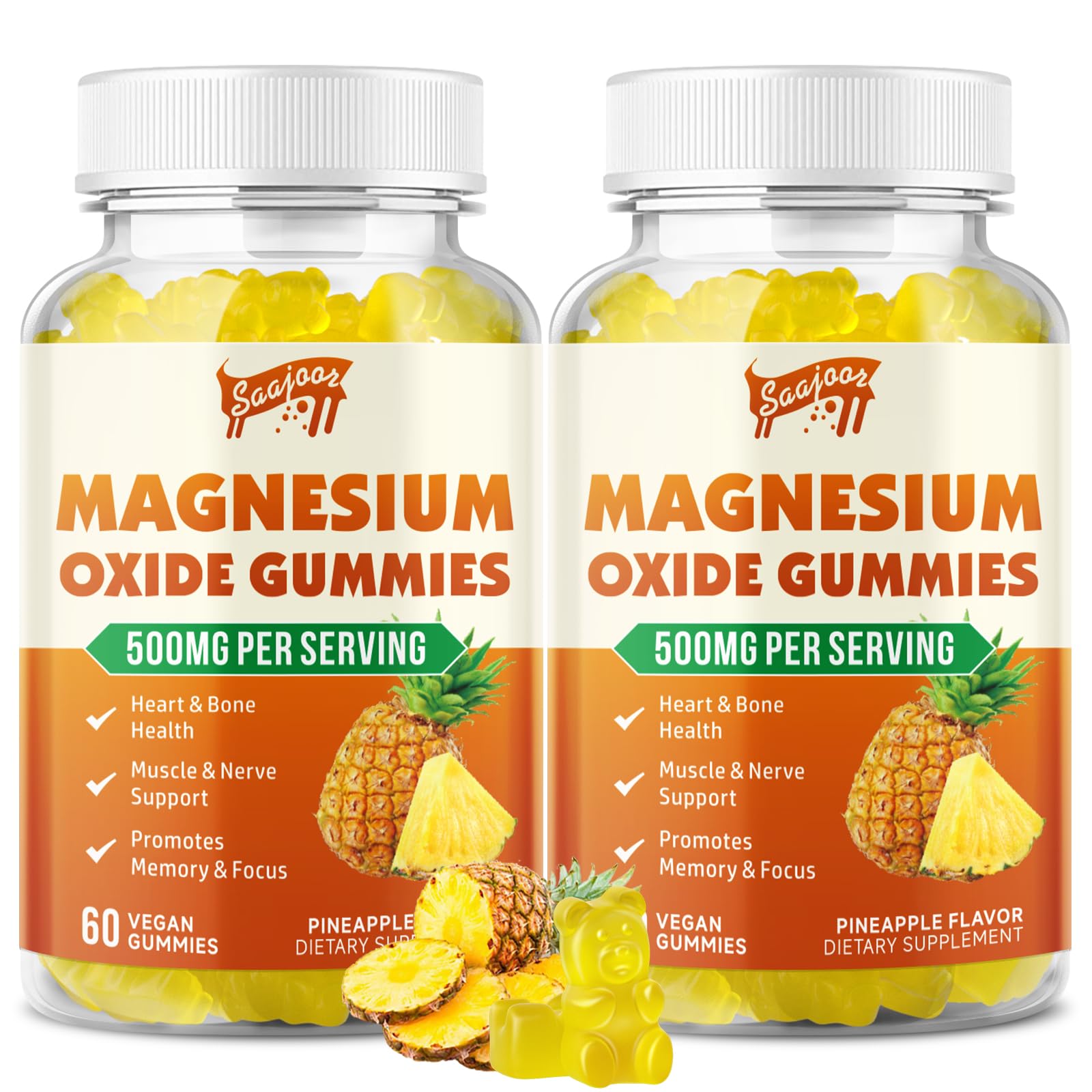 Front view of the 2-pack Magnesium Oxide 500mg Gummies bottle with pineapple flavor