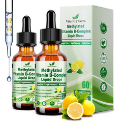 Two bottles of 2-pack methylated B complex liquid drops with label visible