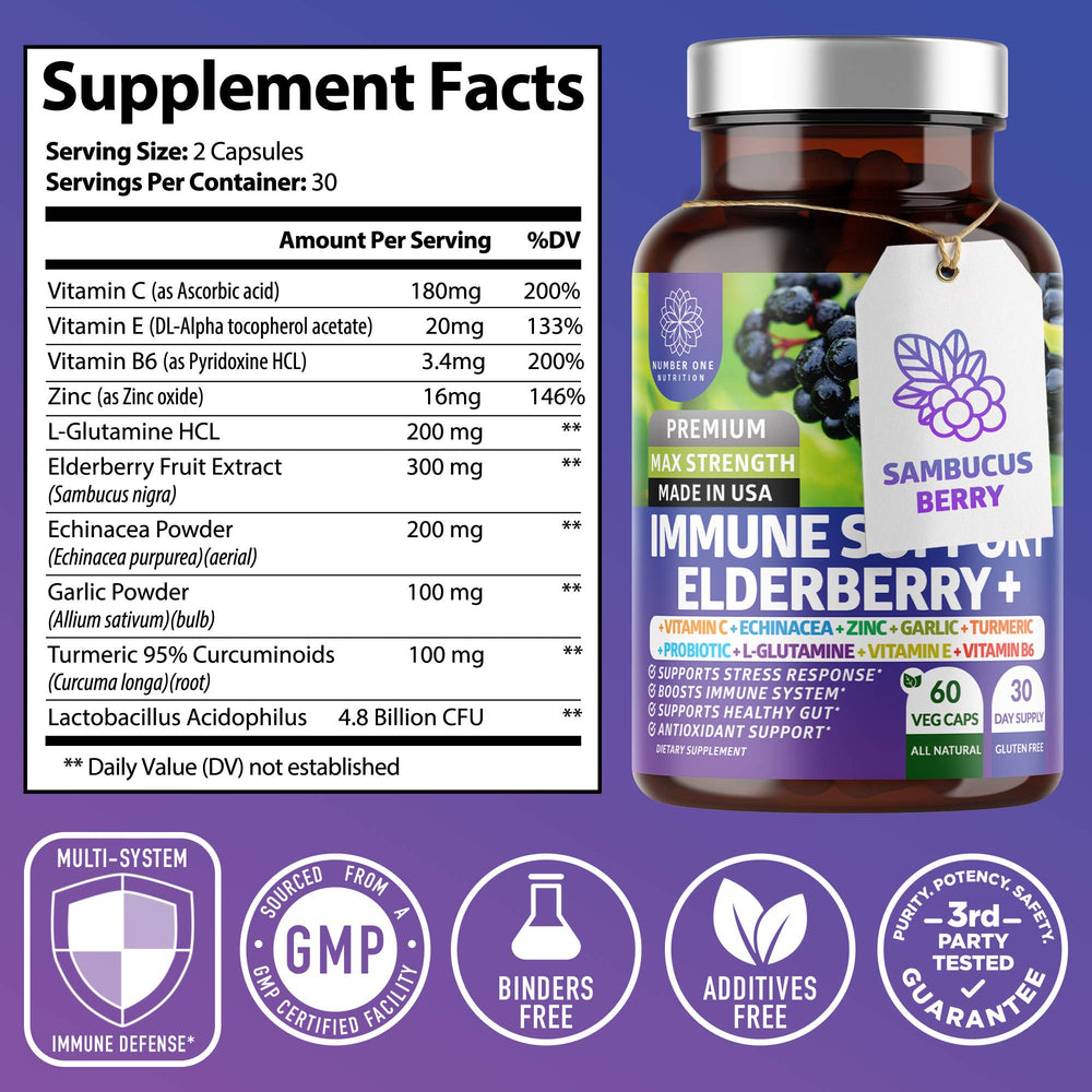 Back label of N1N Immune Support bottle showing ingredients and dosage