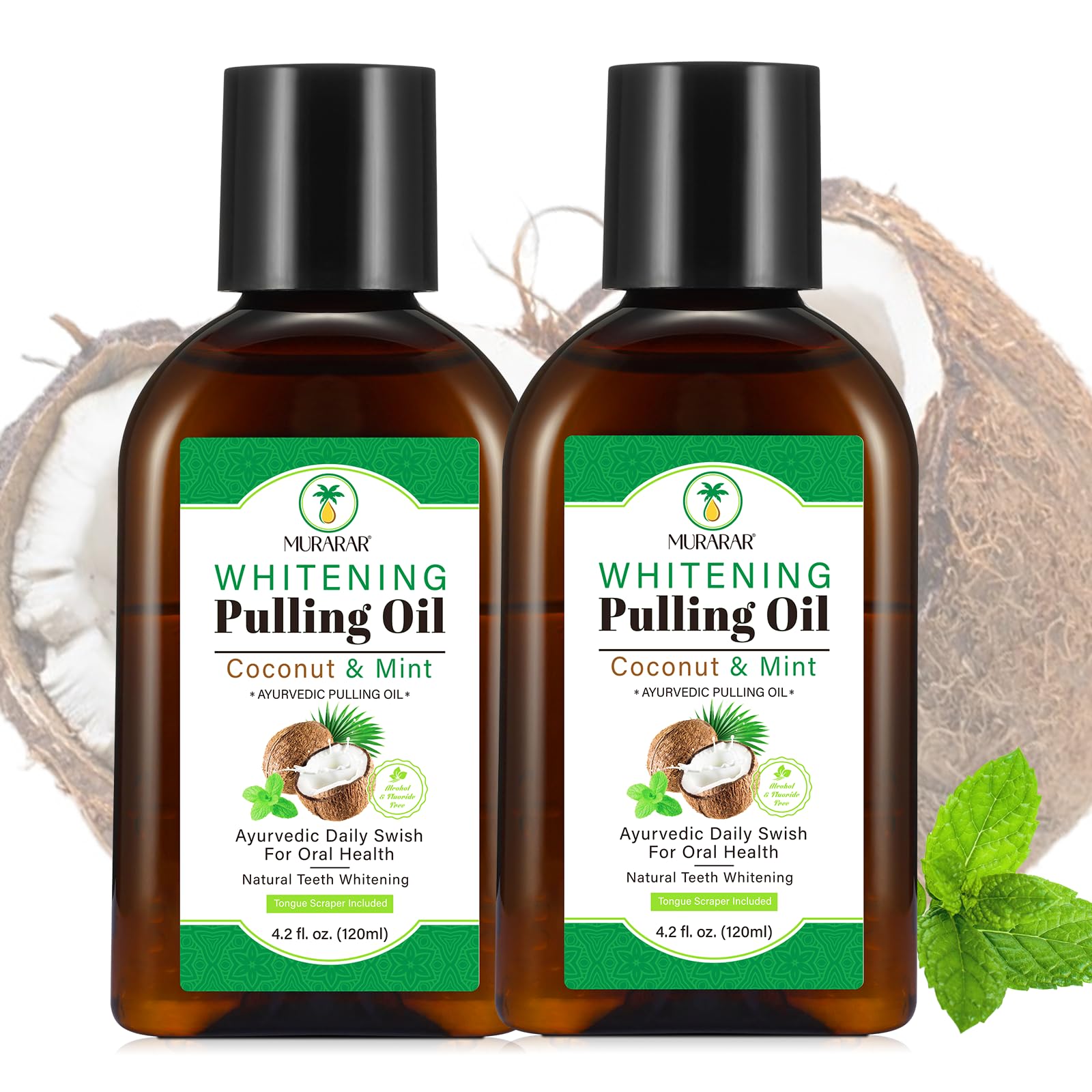Two 4.2 fl oz bottles of coconut mint oil pulling mouthwash.