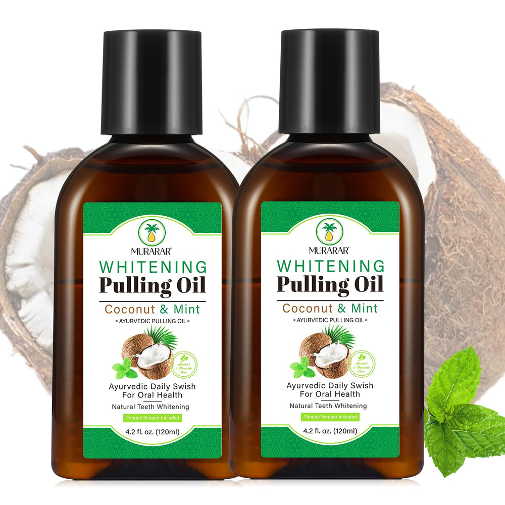 Two 4.2 fl oz bottles of coconut mint oil pulling mouthwash.