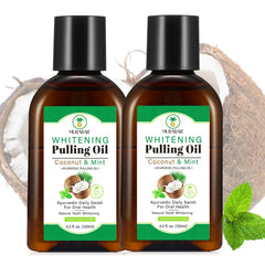 Two 4.2 fl oz bottles of coconut mint oil pulling mouthwash.