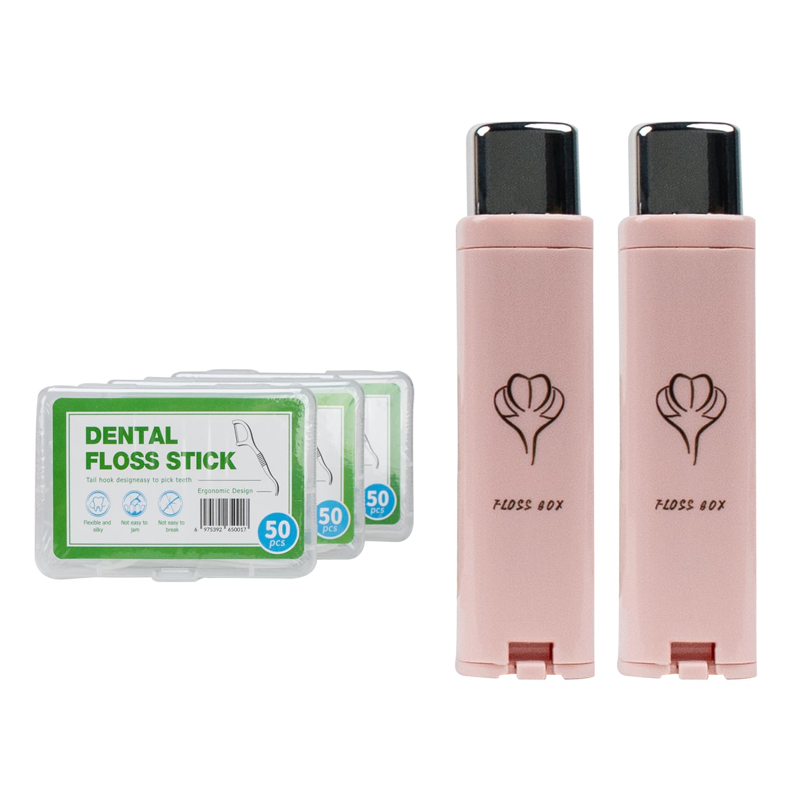 Two pink portable dental floss dispensers