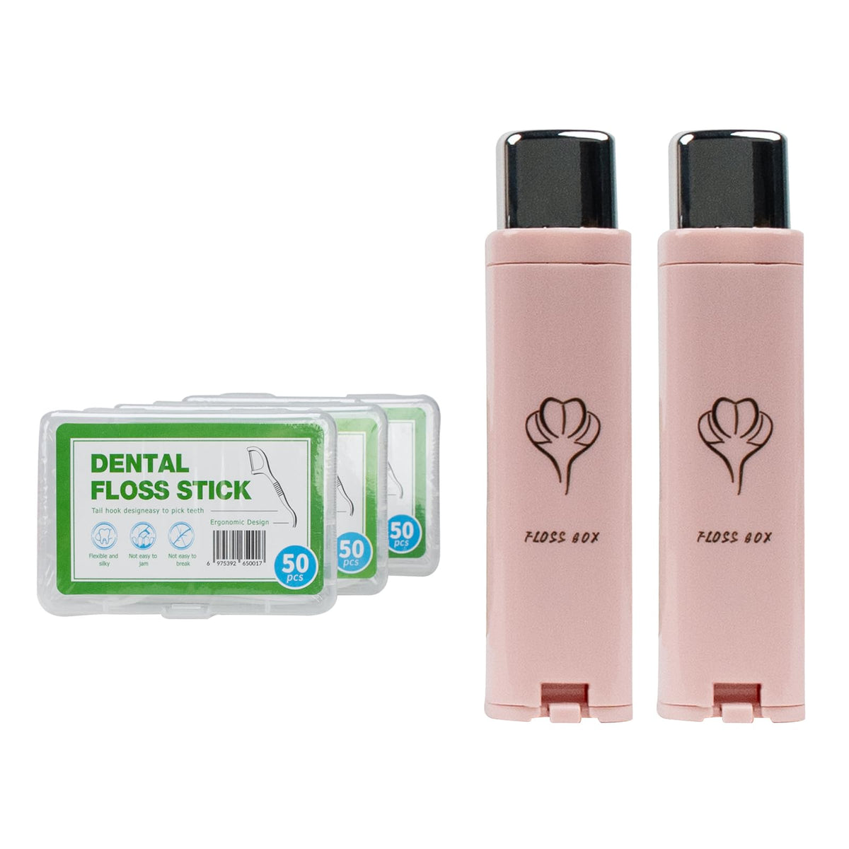 Two pink portable dental floss dispensers