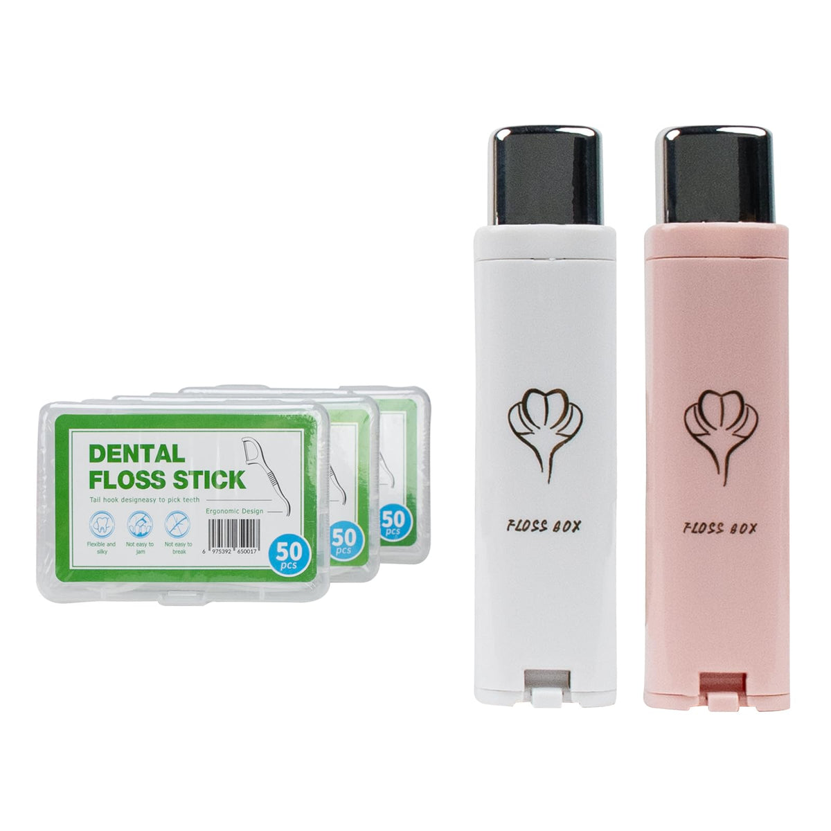 Portable dental floss dispenser in white and pink