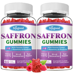 Two packs saffron gummies bottle with raspberry flavor label