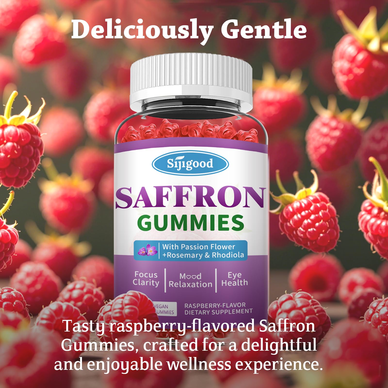 Calm lifestyle scene with saffron gummies and raspberry flavor