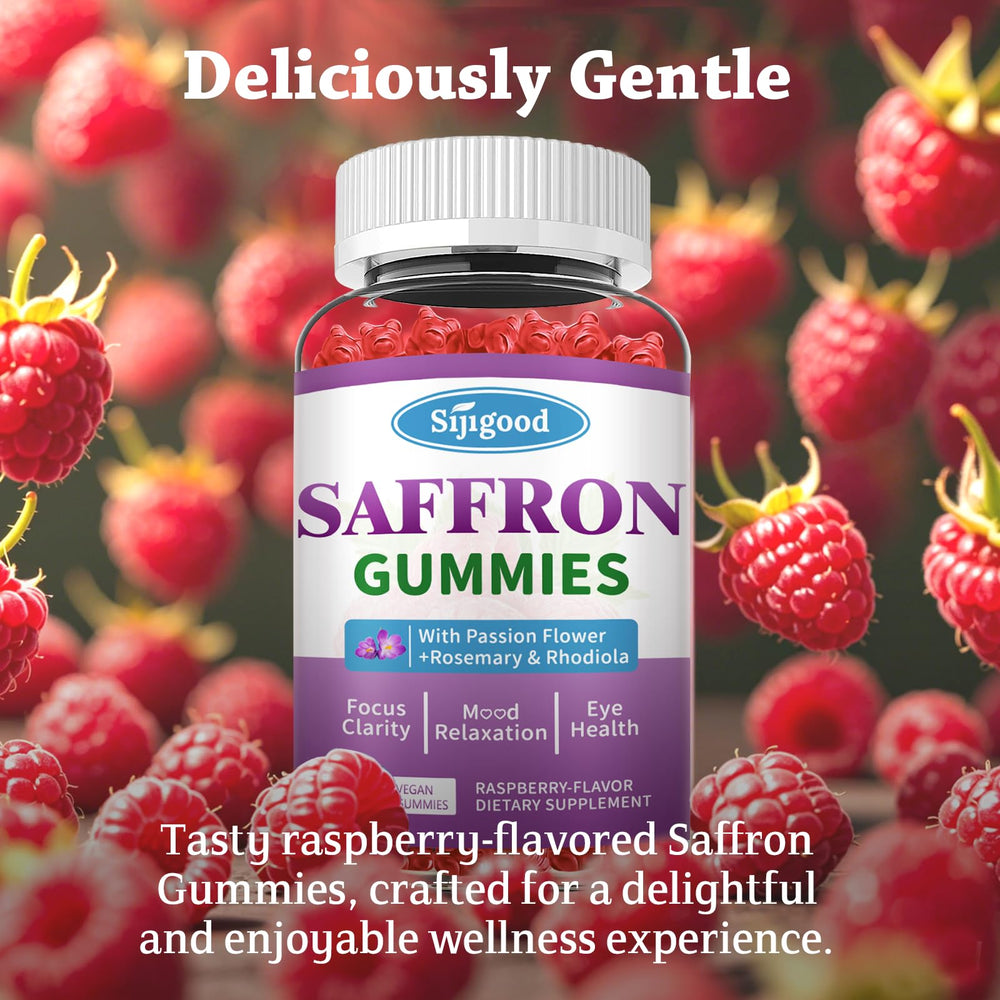 Calm lifestyle scene with saffron gummies and raspberry flavor