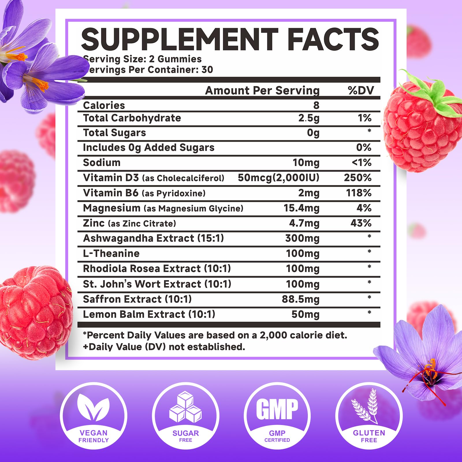 Two-pack saffron gummies raspberry flavor bottle close-up 1