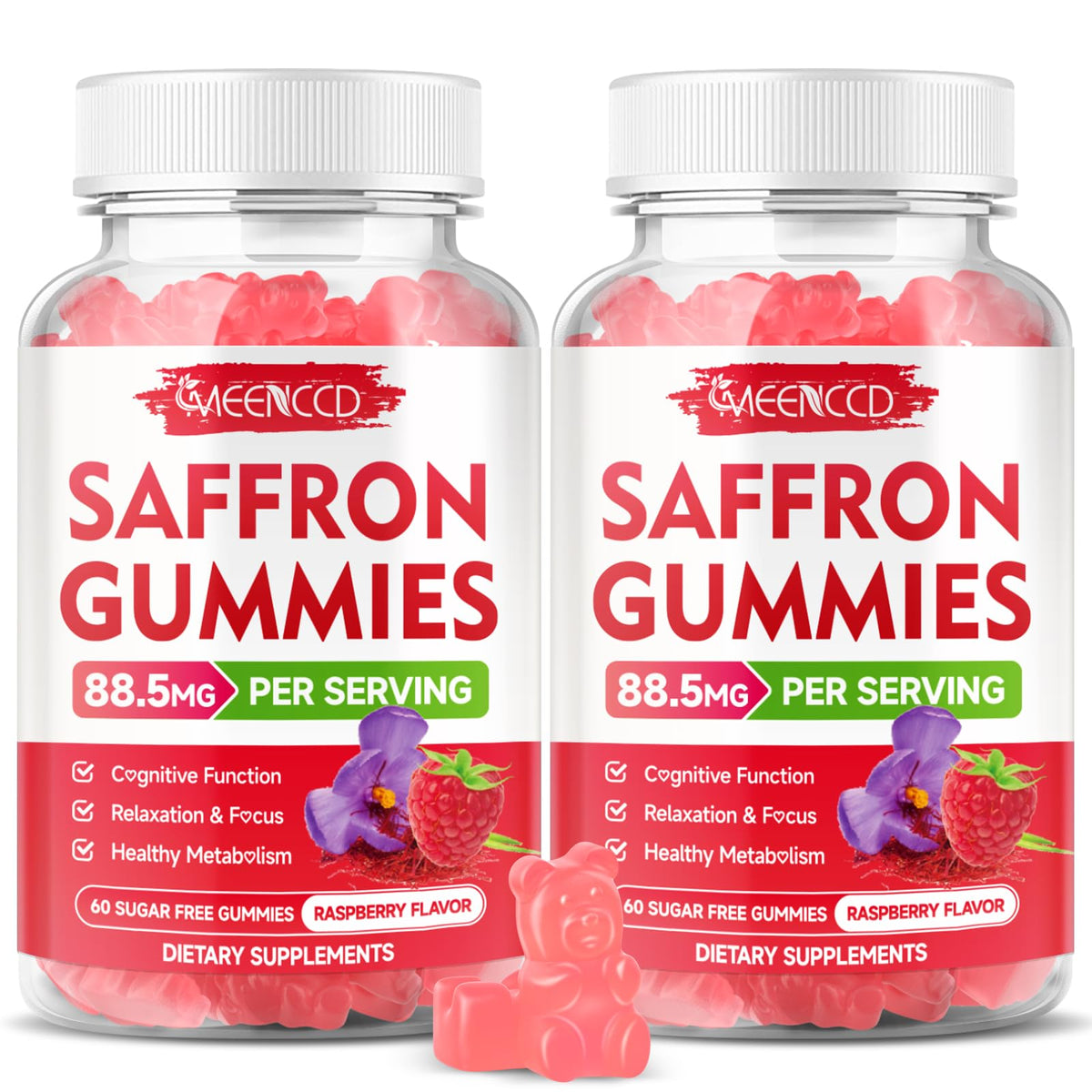 Two-pack saffron gummies raspberry flavor front view
