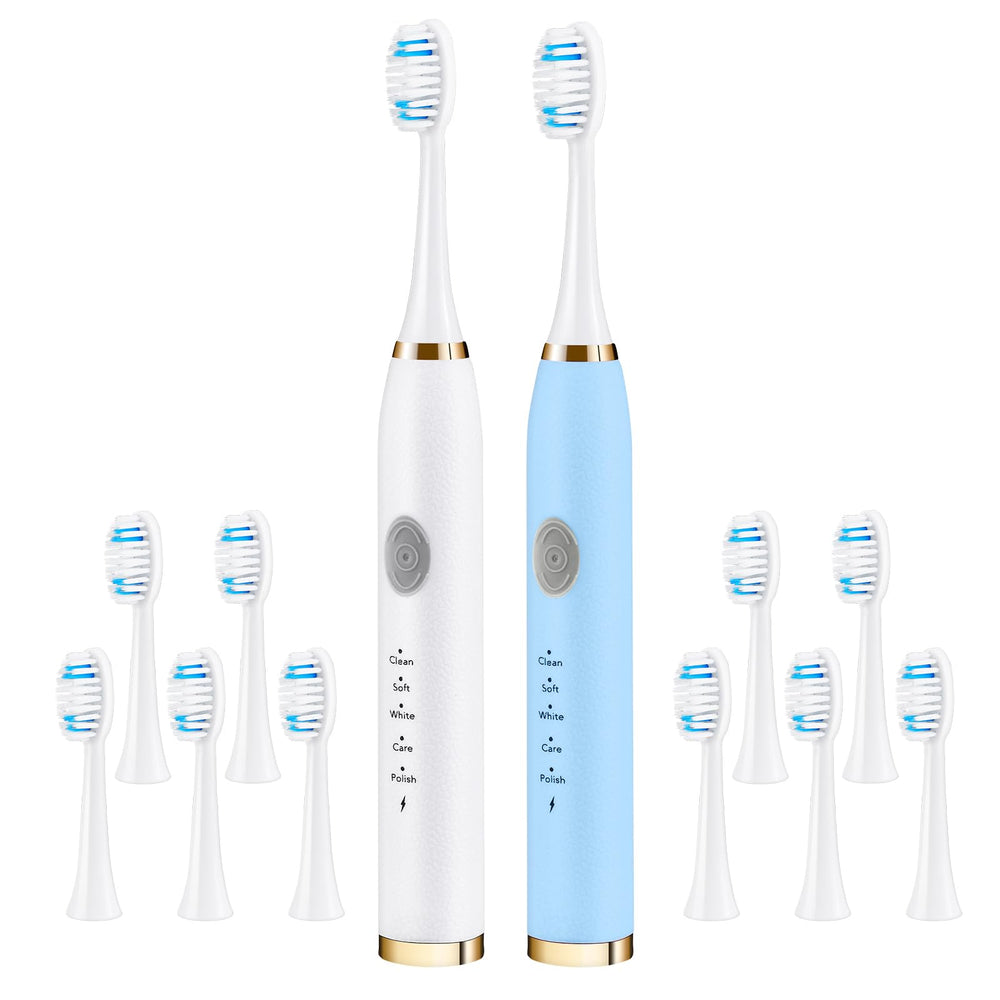 Front view of the 2-pack sonic electric toothbrush set in blue and white