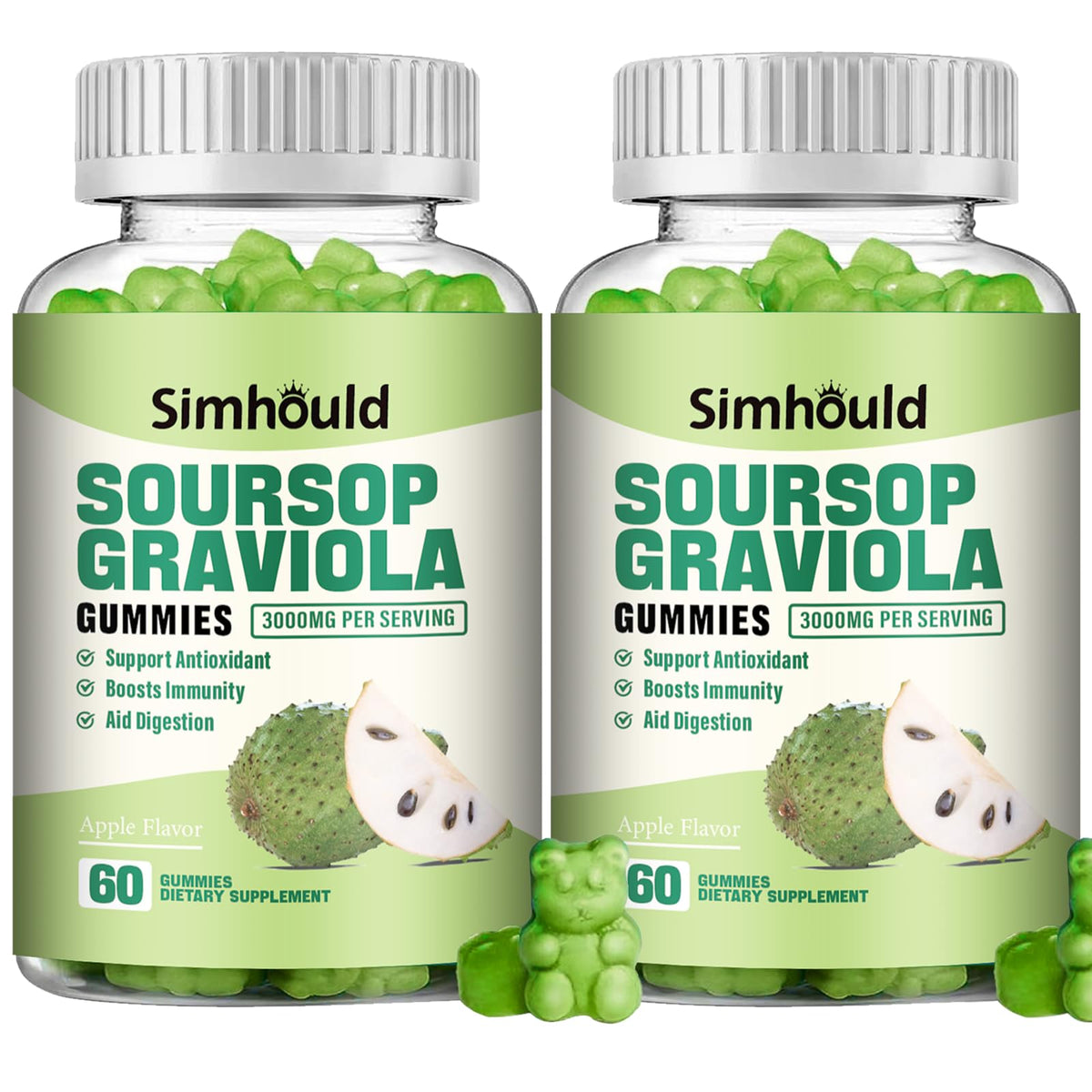 Front label of 2-pack Soursop Graviola Gummies - 3000mg per serving, 120 counts
