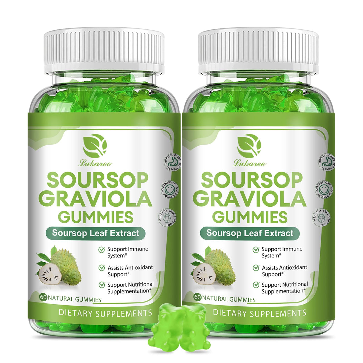 Front view of the two-pack Soursop Gummies bottle