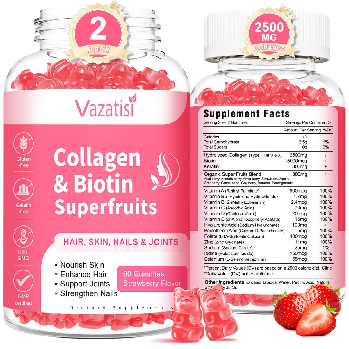 Front view of 2-pack sugar-free collagen gummies with strawberry flavor, 120 count
