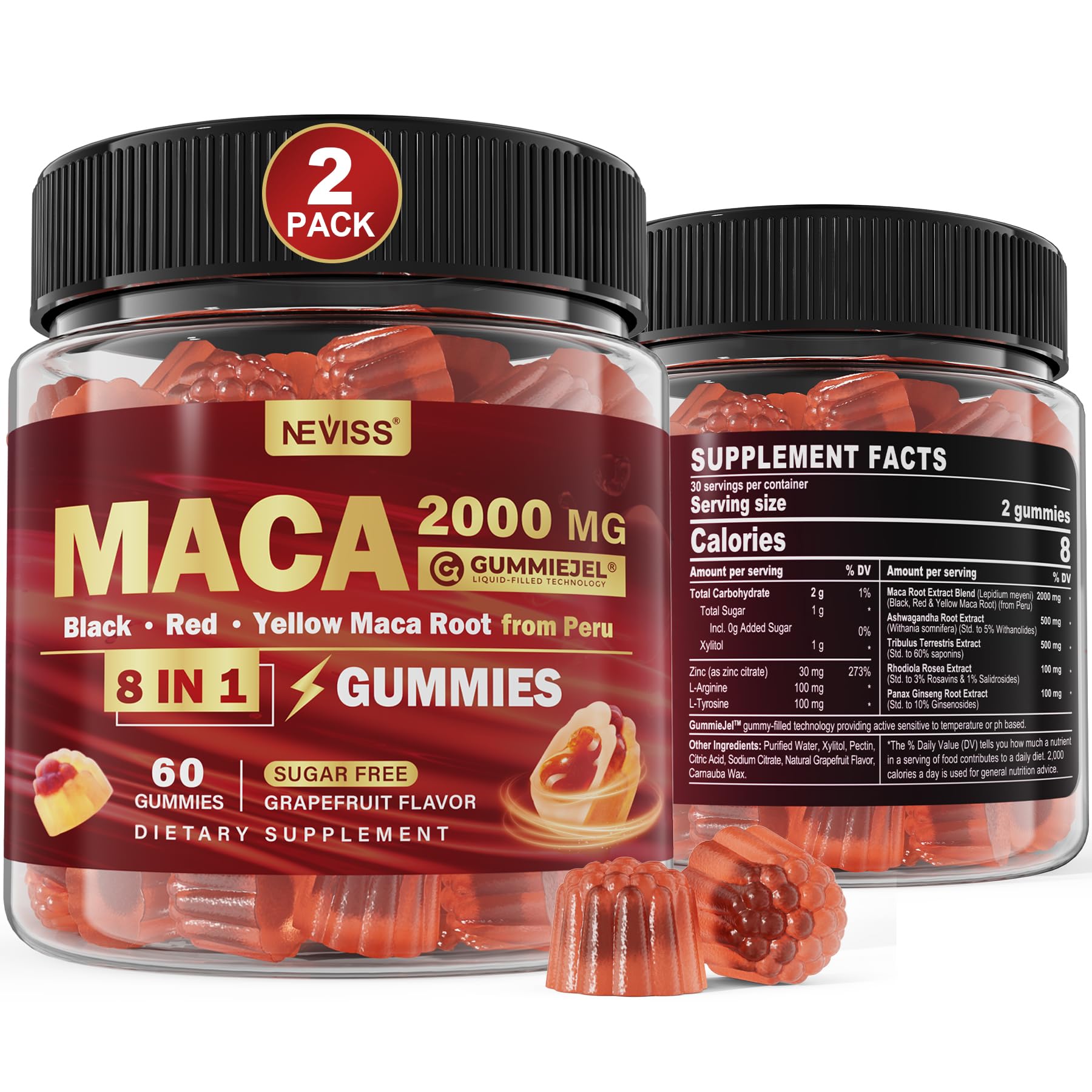 Front view of 2-pack sugar-free maca root gummies bottle