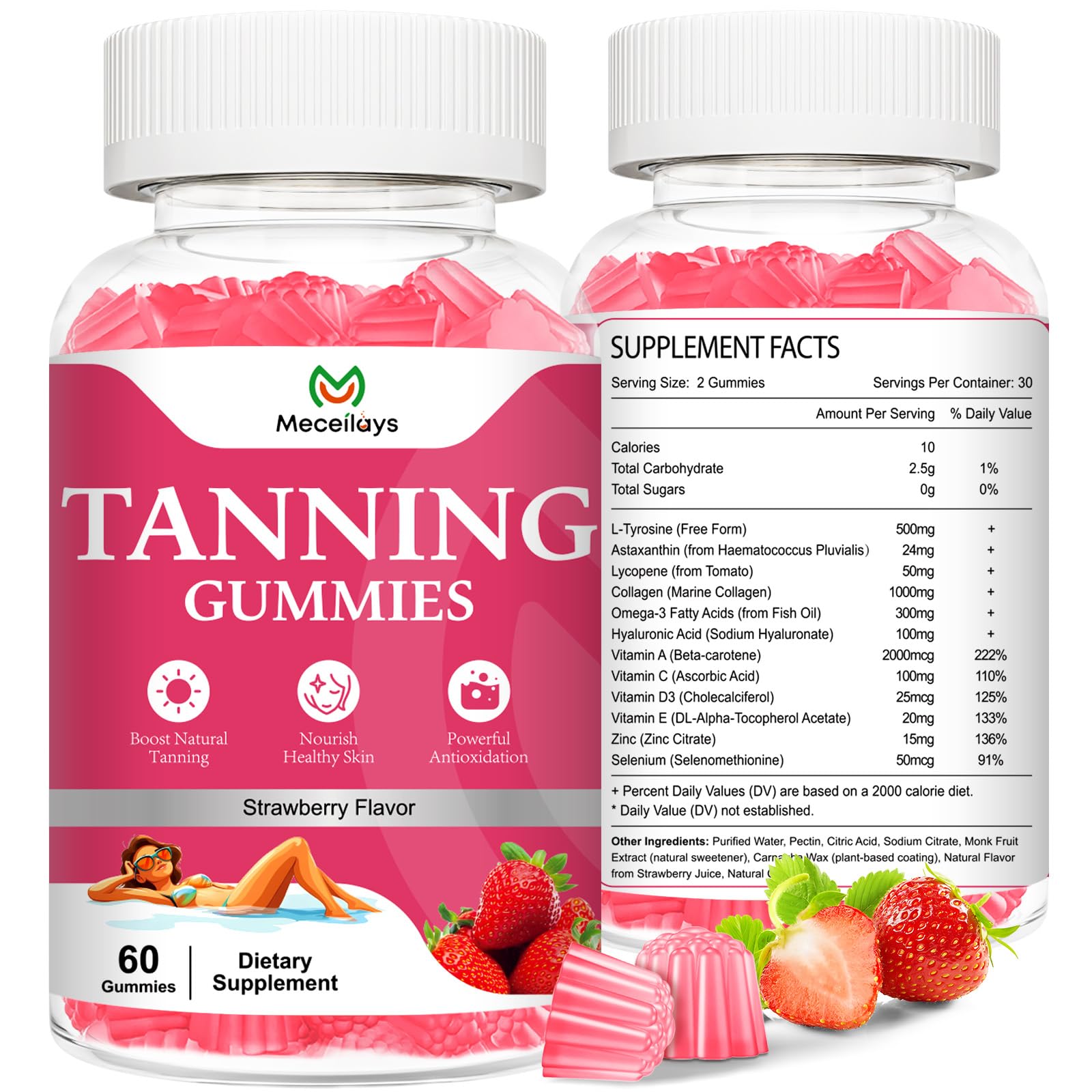 2-pack tanning gummies for women and men with strawberry flavor, 120-count bottle