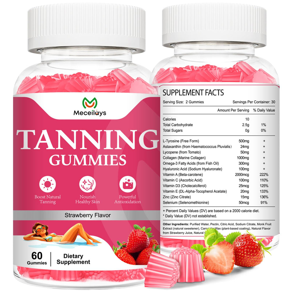 2-pack tanning gummies for women and men with strawberry flavor, 120-count bottle