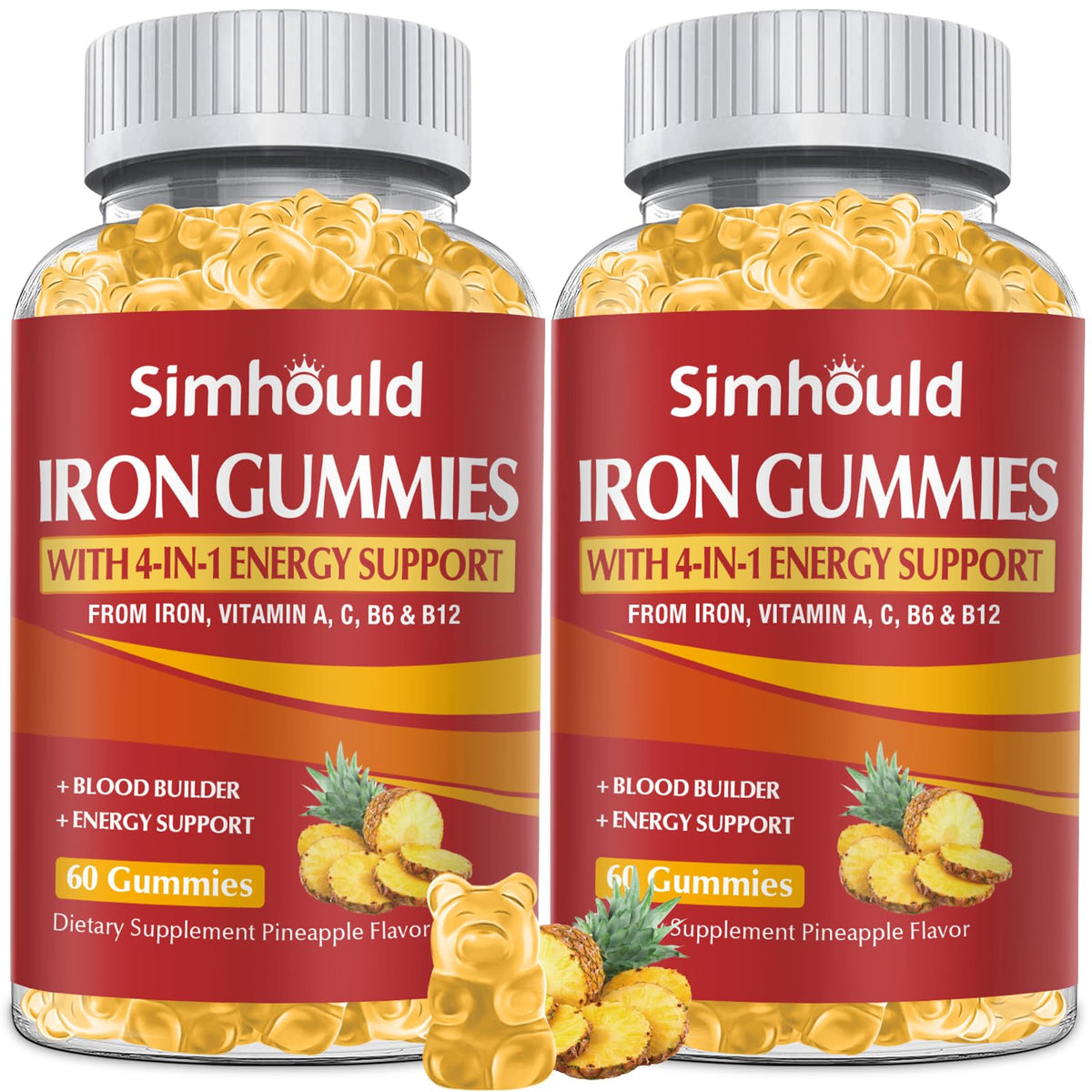 Front view of the 2-pack vegan iron gummies with pineapple flavor (120-count).