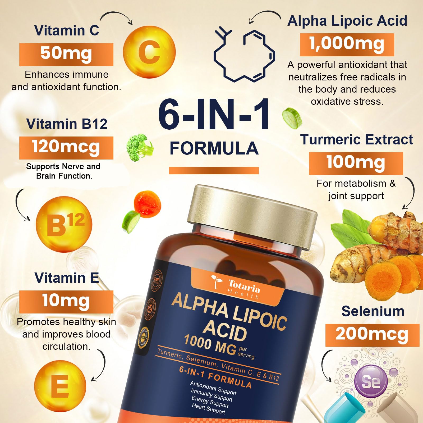 Back of Totaria Alpha Lipoic Acid 1000mg bottle with supplement facts