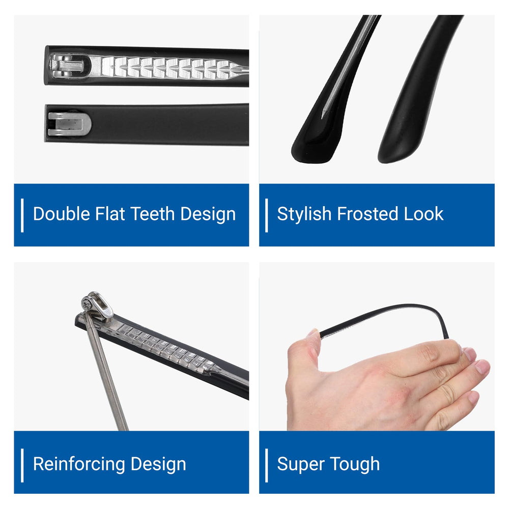 Close-up of temple arm showing double-teeth