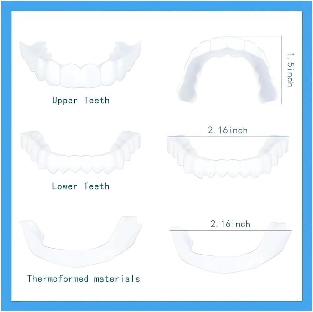 Illustration showing how to wear top and bottom temporary smile devices