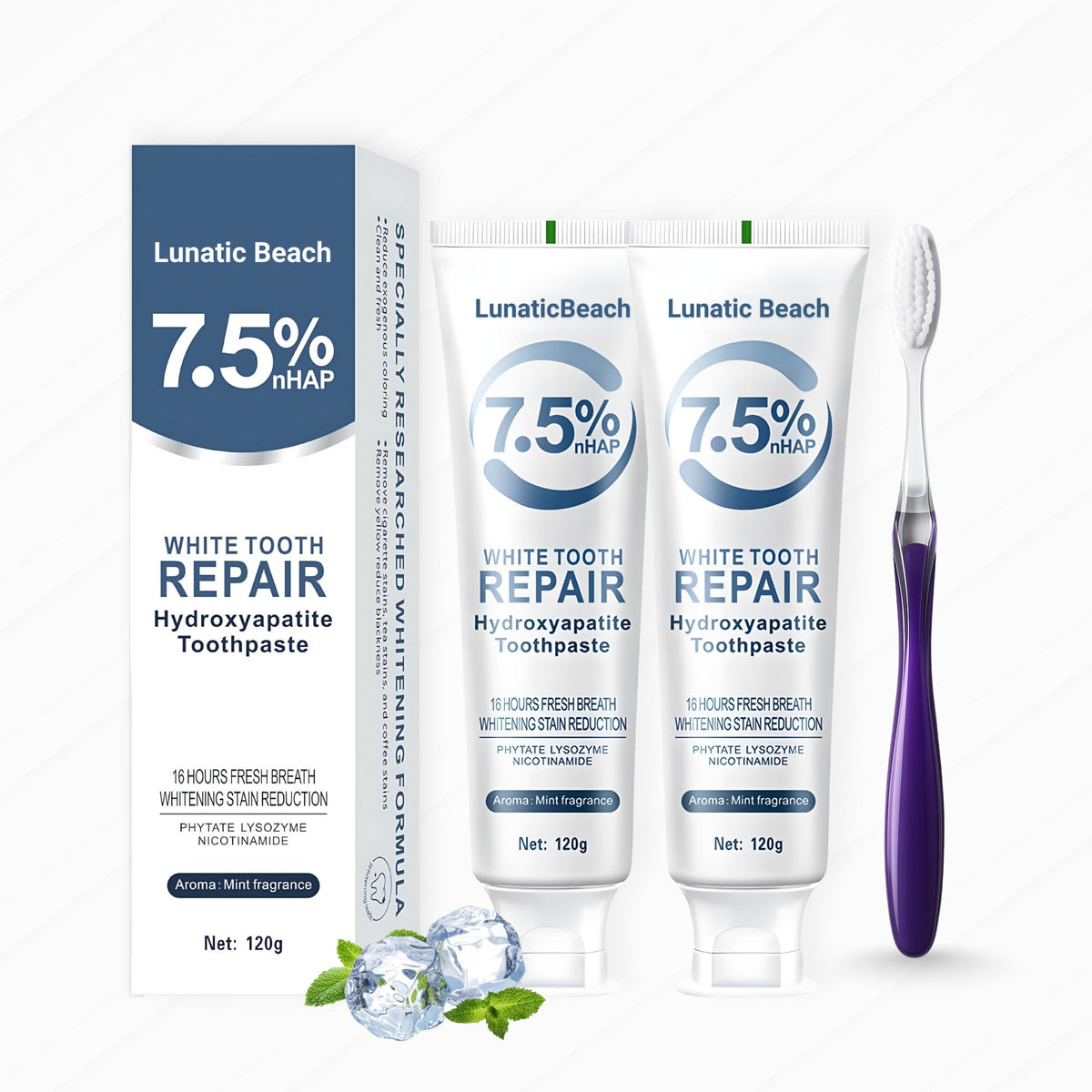 Two-pack fluoride-free toothpaste with 7.5% nano hydroxyapatite and mint packaging