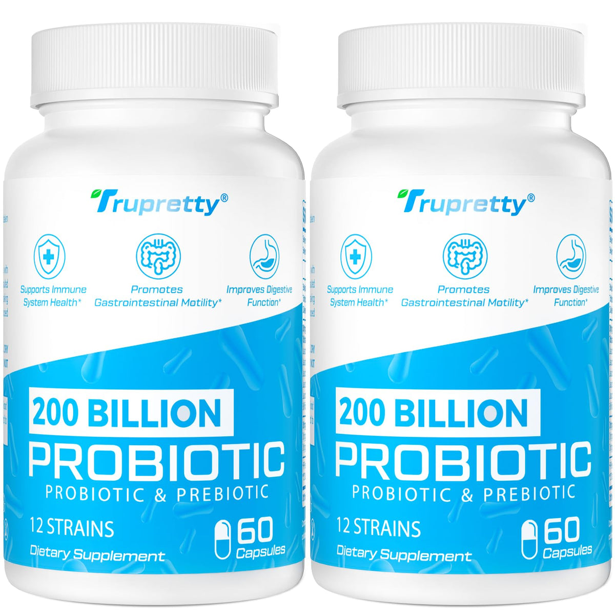 Hero image of 200 Billion CFUs probiotic bottle with 12 strains and 3 organic prebiotics