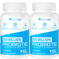 Hero image of 200 Billion CFUs probiotic bottle with 12 strains and 3 organic prebiotics