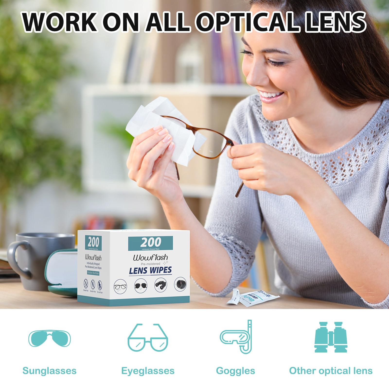 Close-up of pre-moistened eyeglass lens wipe