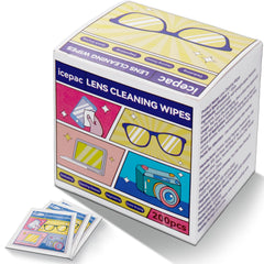Front packaging of 200 piece pre-moistened cleaning wipes for glasses and devices
