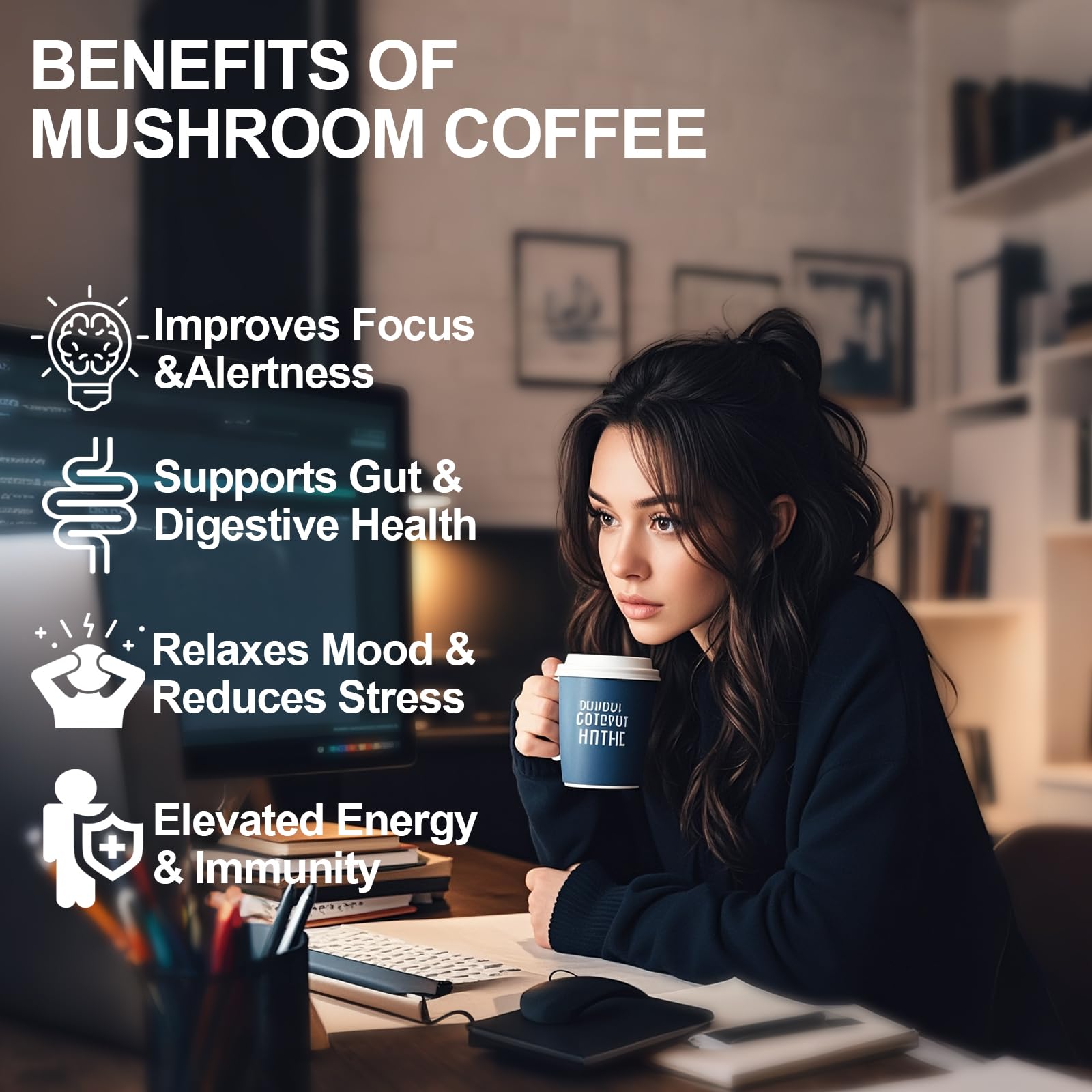 Mushroom coffee highlighting energy and focus benefits